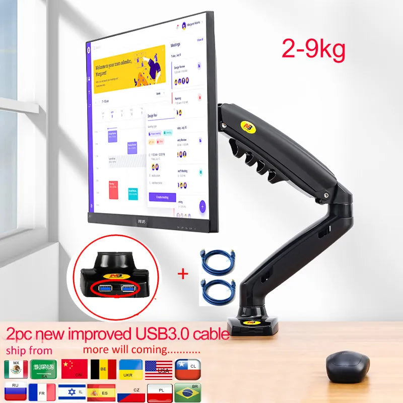 Monitor Holder Arm Gas Spring Full Motion 2-9kg dual arm usb3 cable(option)