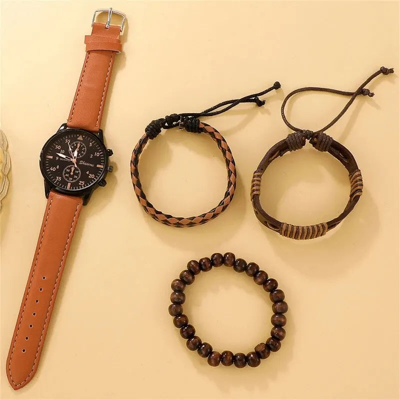 Watch Luxury Bracelet Set Fashion Business Brown Leather Quartz Wrist Watches for Men Gift Set Relogio Masculino