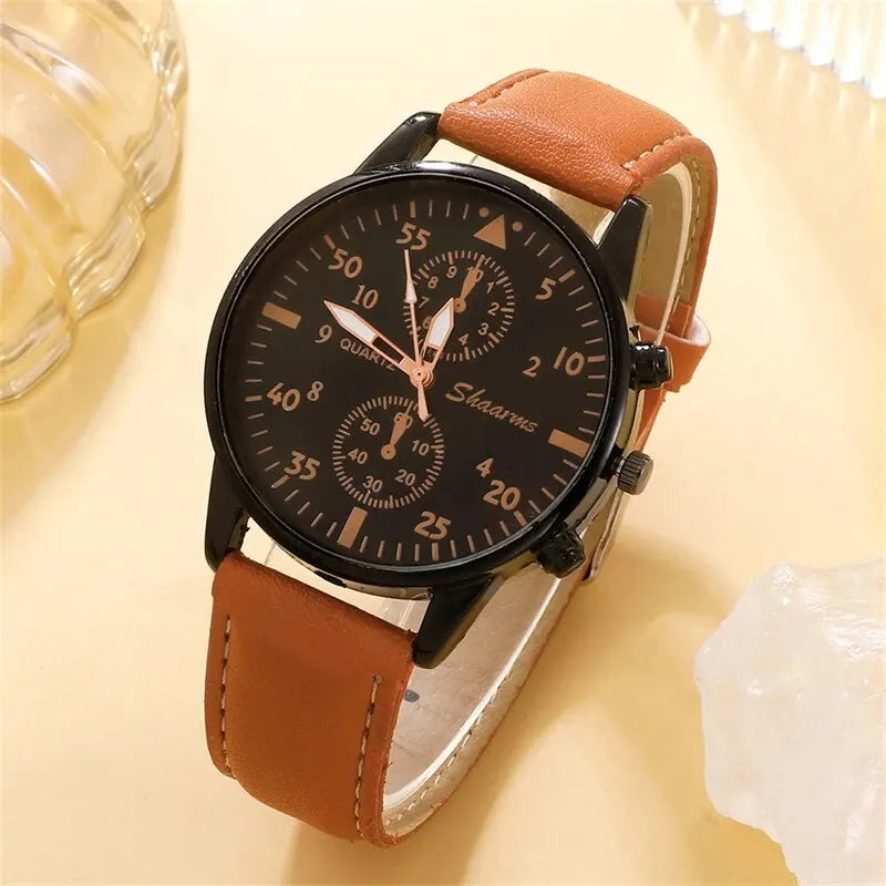 Watch Luxury Bracelet Set Fashion Business Brown Leather Quartz Wrist Watches for Men Gift Set Relogio Masculino